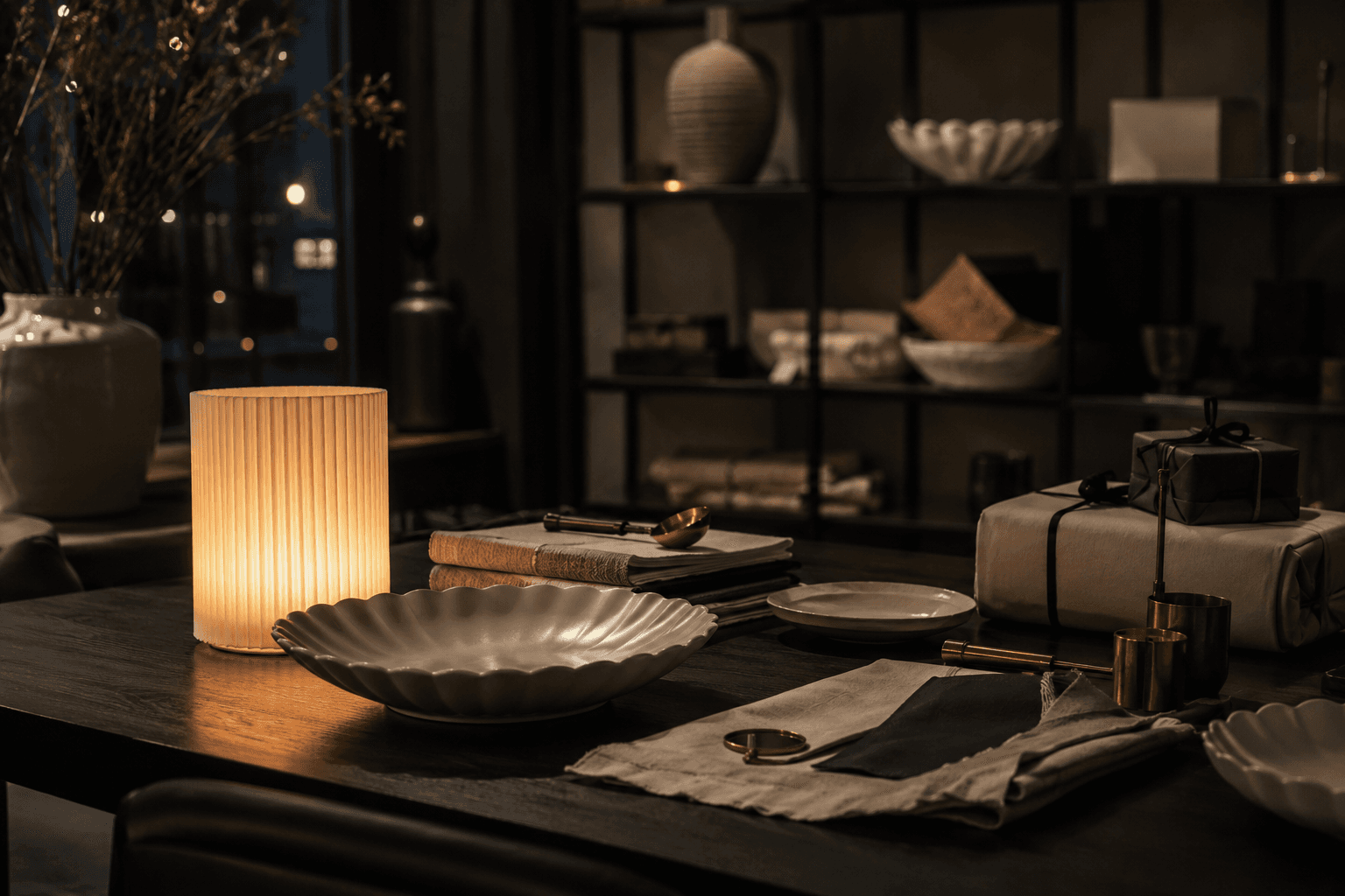 Atmospheric decor studio corner with homeware styling and no people