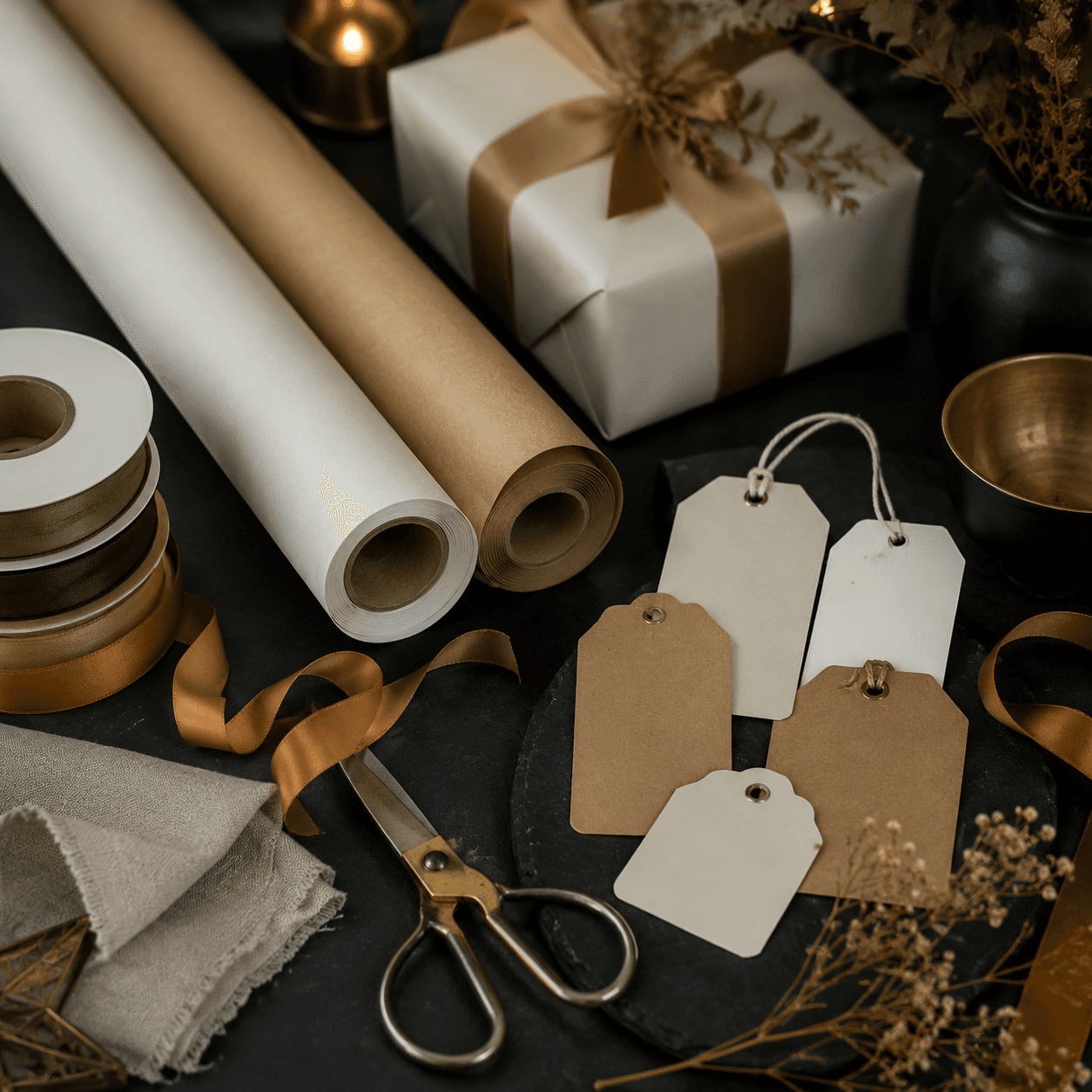 Porcelain-white and kraft papers, satin ribbon and plain tags to wrap a coordinated set of gifts.