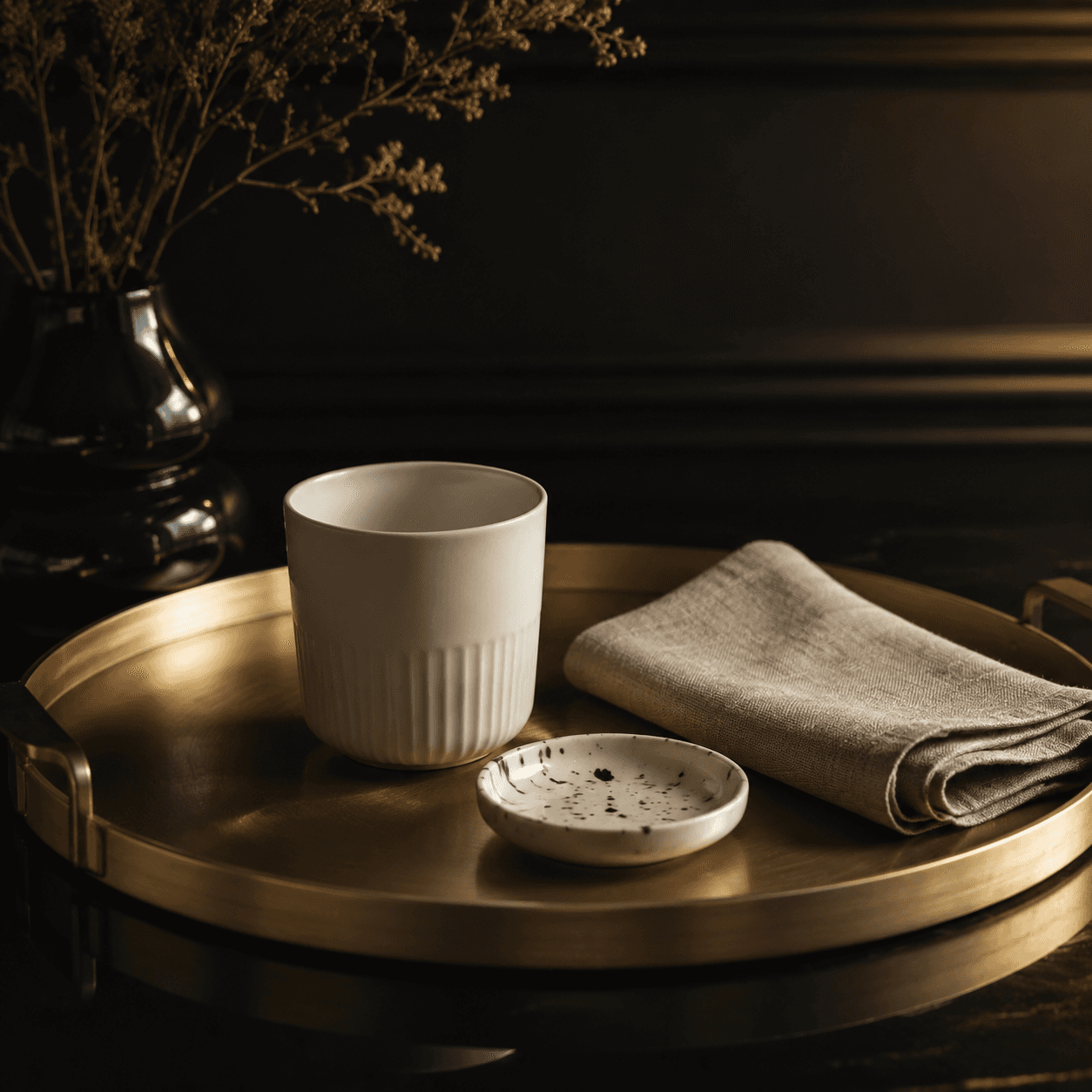 A round brushed-brass tray that gathers cups, dishes and decor into one tidy, photogenic group.