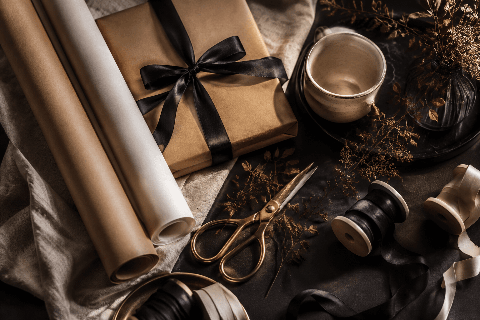 A warm wrapping surface with paper, ribbon and a ceramic cup for coordinating a run of gifts.