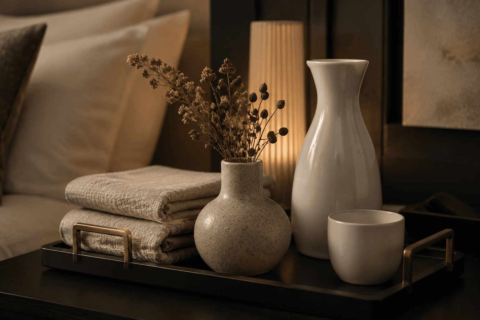 A calm welcome tray with folded linen, a small vase and neutral tones for visiting guests.