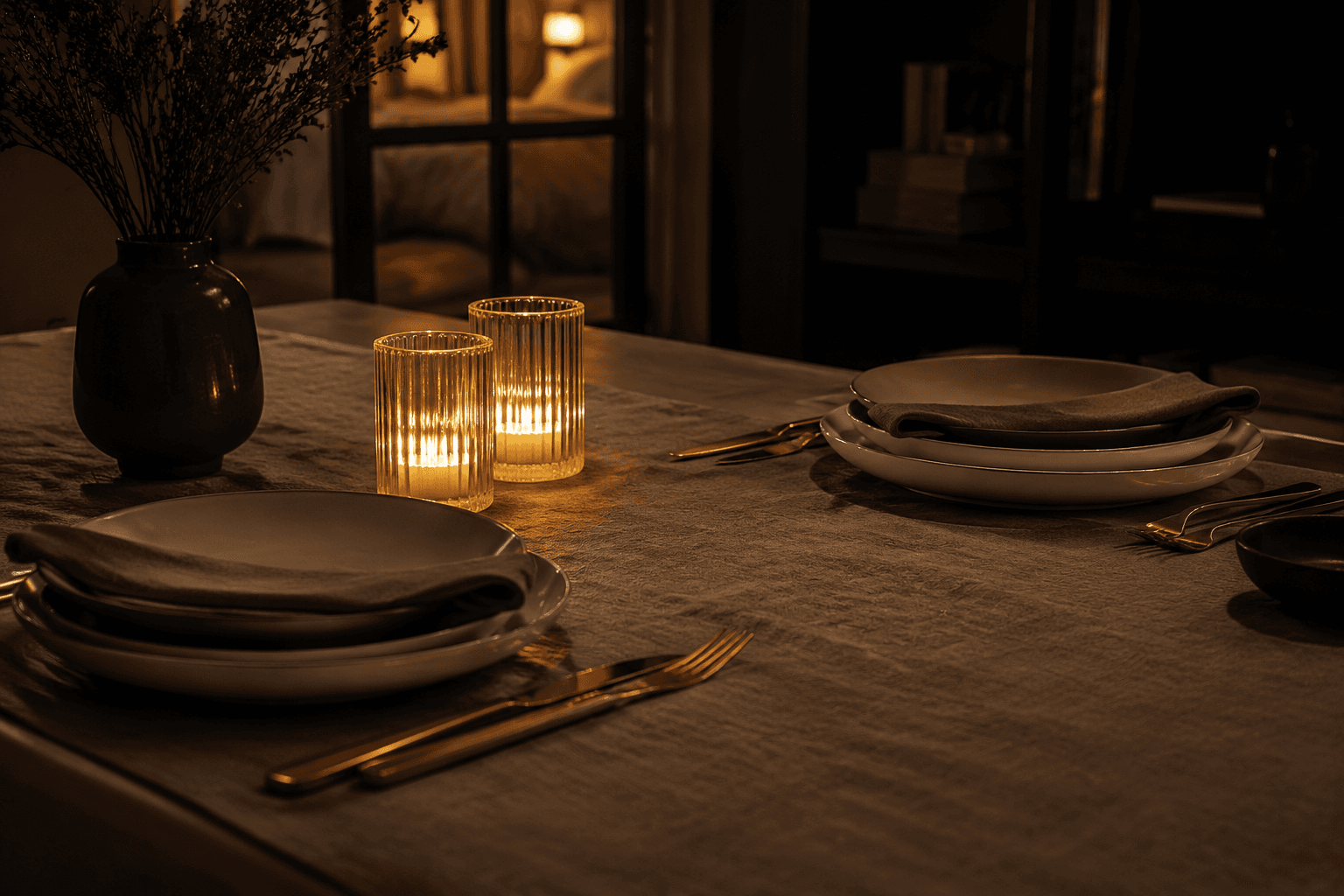 An intimate two-setting table with warm reflections, a linen runner and flameless glass holders.